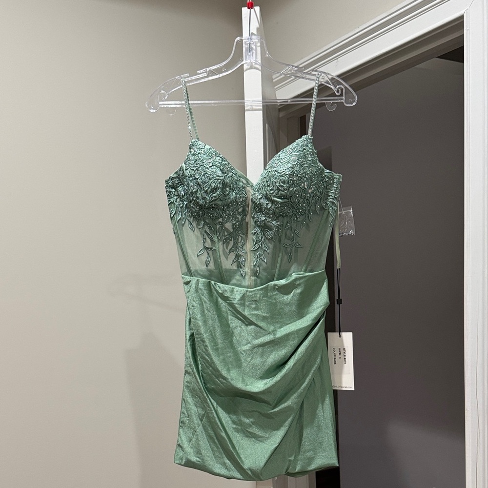 Elegant Strapless Sage Green Dress with Embroidery - Picture 4 of 7